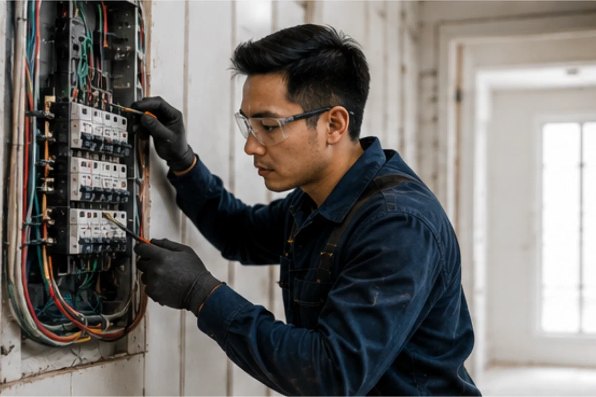 Electrician wiring a distribution board