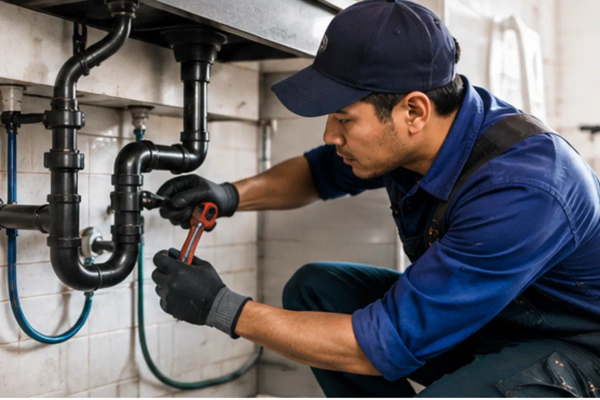 Plumber repairing pipework under a sink